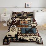 Deer and Bear Wild Animal Bedding Comforters Queen Size,Tribal Exotic Style Patchwork Plaid Comforter Set with 2 Pillowcases,Retro Rustic American Geometric 3pcs Children Adult Polyester Duvet Set