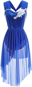 AFAVOM Sequin Flower Lyrical Dance Dress for Women Adult Contemporary Dance Costume Halter Backless Cross Straps Leotard with High Low Flowy Mesh Skirt Lyrical Dancewear Ballet Outfit Royal Blue XL