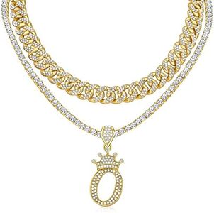 WFYOU Cuban Link Chain for Women Crown Gold Initial Pendant Necklace 18K Gold Plated Alphabet Letter Pendant Choker Hip Hop Diamond Chain Custom Name Necklace Trendy Dainty Rapper Jewelry Gift, Metal, Cubic Zirconia