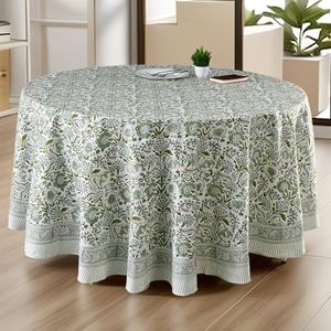 CPC Round Tablecloth- Cotton Indian Block Print Tablecloth -Handmade Printed Washable Cotton Table Cloth - Thanksgiving, Christmas Table Cover - Agate Green 132 Inch
