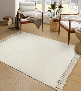 Collive Comfy Area Rug 4' x 6', White/Beige Woven Cotton Bedroom Rugs, Modern Indoor Accent Rug Floor Carpet with Tassel for Living Room, Nursery Room, Dining Room, Bedside, Office, Patio Decor