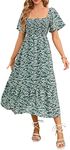 KOJOOIN Women's Summer Square Neck Short Flutter Sleeve Smocked Midi Dress Casual Flowy Pleated Ruffle Boho Maxi Dress, Green White Floral, Large