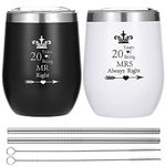 HLIKEM Pack Of 2 Wine Tumbler 20 Years Mr Right Mrs Always Right 20th Wedding Engagement Anniversary Cups for Couple Parents Stainless Steel Insulated Wine Glass with Straws and Brush