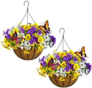 SupBri Artificial Pansies Flowers with Hanging Basket & 2 Fake Butterflies, Silk Flowers for Outdoor Spring Summer Decor, UV Resistant Hanging Plants for Garden Patio (2 Set