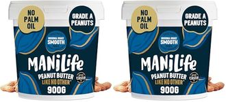 ManiLife Original Roast Smooth Peanut Butter, 900g Tub - Small Batch Vegan Peanut Butter Made from Single Origin Grade-A Argentine Peanuts - No Palm Oil, No Added Sugar, No GMOs (Pack of 2)
