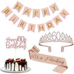 Happy 60th Birthday Gifts for Women, Including 60th Birthday Crown/Tiara, Sash, Birthday Cake Topper Happy Birthday Banner, 60th Birthday Decorations Women