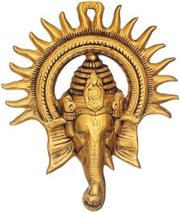 TIED RIBBONS Ganesh Wall Hanging for Home 9 Inch | Brass Ganesh Face with Sun Statue | Indian God Idol | Traditional Wall Décor Antique Ganpati Statue for Home, Entrance, Diwali Decorations for Home
