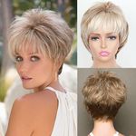 Mayouda Highlight Blonde Short Layered Pixie Cut Wig With Bangs For Women Pixie Cut Wig Short Cut Wigs for Elegant White Women Synthetic Hair Wigs (CA7294)