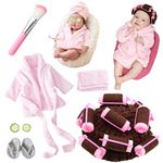 SPOKKI Newborn Photography Props 7 PCS Newborn Girl Photoshoot Outfits Babies Robe Props with Bath Towel Slippers Cucumber Curler Hat Makeup Brush for Infant Boys Girls