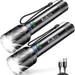 REHKITTZ Torch, LED Rechargeable Torches(Built-in Large Capacity Battery) High Lumen Super Bright Flashlight with Power Display,Long Working Time,Aluminum Alloy,5 Light Modes,Zoomable Torch(2 Pack)