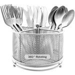 DysanVica 360° Rotating Metal Utensil Caddy - 4 Compartment Silverware Cutlery Holder Rotation Fork Spoon Napkin Organizer Flatware Storage Basket Party Countertop Buffet Picnic Camping Outdoor Silver