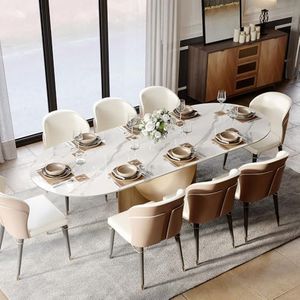 POVISON Modern Dining Table,94" Oval Sintered Stone Table with Bronze Carbon Steel Base for Dining Room,Kitchen,Home Office,Scratch and Heat Resistant,Glossy White(Table Only)