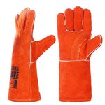 QeeLink Welding Gloves - Heat & Wear Resistant Lined Leather and Fireproof Stitching - For Welders/Fireplace/BBQ/Gardening (14-inch, Brown) (Orange, Standard (14-Inch))