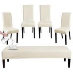 FORCHEER Dining Chair Covers and Bench Covers Set Waterproof Beige Jacquard Washable Parsons Chair Slipcover Removable Seat Protector for Dining Room- 4 PCS Chair Cover+1 PC Bench Cover