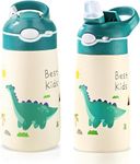 400ml Kids Water Bottles with Straw, Dinosaur Stainless Steel Water Bottle for School, Vacuum Insulated, BPA-Free, Leak-Proof, Double-Walled, Metal Drink Bottle, Can Keep Cold or Hot (Green)