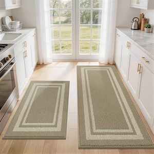 COSY HOMEER Kitchen Rugs Sets 2PCS,Non-Slip Washable Kitchen Mats for Floor,Absorbent and Stain Resistant Kitchen Runner Rugs for Kitchen Sink Laundry Entryway,24"x35"+24"x60",Beige