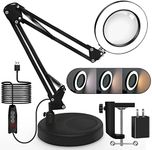 10X Magnifying Glass with Light and Stand, 2 in 1 LED Magnifier Desk Lamp with Clamp and Holder Adjustable Swivel Arm 3 Color Modes Dimmable for Handic