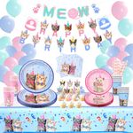 Cat Birthday Party Supplies, Kitten Cat Party Tableware Including Happy Birthday Banner Macaron Balloons Plates Napkins Cups Cupcake Toppers for Kids, Girls, Cat Lovers Party Decoration, Serves 20