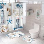 Encasa XO Shower Curtain & Bathmat 3 Pcs Set| Curtain 180x180 cm, Mats 45x75 cm, 45x37.5 cm| Creative Vibrant Coloured Polyster Curtain Sets Bath mats for Bathroom| Nautical Blue