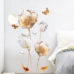 Runtoo 3D Flower Wall Art Stickers Gold Tulip Floral Wall Decals for Living Room Bedroom TV Background Wall Decor