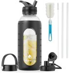 fluhun 64 Oz Glass Water Bottles with 3 Lids, Half Gallon Water Bottle with Straw Handle, Large Sport Motivational Water Bottle with Silicone Sleeve and Time Marker, Water Jug for Sport (Black)