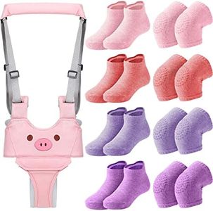 Xuniea Baby Walking Harness Breathable Handheld Baby Walker Assistant Belt Adjustable Toddler Walking Assistant with 4 Pairs Non-Slip Socks Grips 4 Pairs Baby Knee Pads for Crawling, 7-24 Months