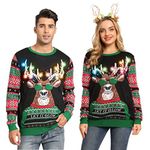 Belovecol Mens LED Ugly Christmas Sweater Light Up Xmas Crew Neck Jumpers Long Sleeve Santa Claus Pullover Printed Tops L