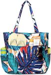 Kasgo Beach Bag, Water Resistant Sandproof Large Zipper Beach Tote Foldable Women's Summer Swim Bag Shoulder Pool Bags for Travel, Shopping, Picnic, Gym, Camping, Palm Leaf