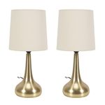 ValueLights Pair - Brushed Gold Teardrop Touch Dimmer Table Lamps with Cream Shade for Bedside Table Bedroom Light - LED Bulbs Included