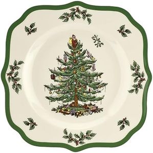 Spode Christmas Tree Scalloped Salad Plate - Holiday-Themed Stoneware Appetizer Plate - 9 Inch Christmas Dinner Dish Featuring Colorful Gifts & Mistletoe Accents - Dishwasher & Microwave Safe