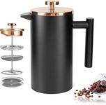 Miuly French Press Coffee Maker,21Oz Stainless Steel French Press，Double Wall Insulated French Press with 4 French Press Filter and 2 Metal Spoon, Black