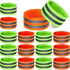 16 Pieces Reflective Bands Reflector Bands for Wrist, Arm, Ankle, Leg, High Visibility Reflective Gear Safety Reflector Tape Straps for Night Walking, Cycling and Running (Green, Orange)