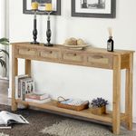 Wnutrees Farmhouse Console Table with 4 Rattan Drawers, 60" Long Narrow Boho Foyer Sofa Tables with Open Storage Shelves for Entryway,Hallway,Living Room, Natural