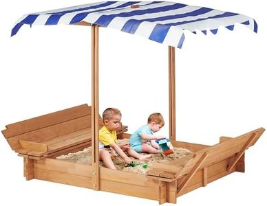 Kids Sandbox with Adjustable Cover and Foldable Bench Seats, 46''x46'' Outdoor Wooden Sandpit for Backyard Play