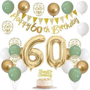 60th Birthday Decorations for Men Women, Sage Green White Gold Birthday Balloons with Happy 60th Birthday Banner Birthday Cake Topper Number 60 Foil Balloon for 60 Year Old Birthday Party Decoration