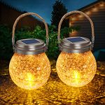 DBF Solar Lights Crackle Glass Ball, Amber Warm LED Hanging Solar Lantern Outdoor Waterproof Solar Patio Lanterns Decorative with 2 Optional Modes Solar Powered Jar Lamp for Garden Deck Yard, 2 Pack