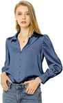 Allegra K Women's St. Patrick's Day Satin Blouse Puff Sleeve Point Collar Vintage Button Up Shirt, Blue Grey, 12