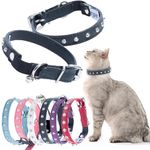 Leather Studded Cat Collar with Safety Elastic Stretch, 12" x 1/2", Black. for Neck Size: 9" - 10.75"