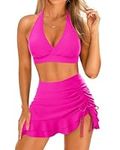 Yonique Womens High Waisted Bikini with Skirt Two Piece Swimsuit with Tummy Control Halter Bathing Suit, Hot Pink, Large