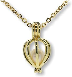 Wish Pearl Gold-Tone Heart Cage Locket Necklace Pendant Freshwater Cultured Pearl in Oyster Kit Set 46cm