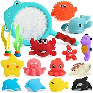 Shindel 16PCS Bath Toys, Baby Kids Floating Animal Toys Pool Toy Set Fishing Net Clockwork Swimming Toys, Pool Toys for Toddlers Age 2-4 Pool Bath Time for Infant Girls Boys