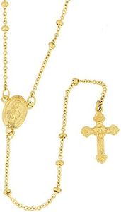 RP 14K Gold Polished Rosary Virgin Mary Miraculous Cross Religious 18" Necklace 1mm Bead 3" Drop Fine Jewelry Gift for Women