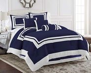 Chezmoi Collection 7 Pieces Caprice Square Pattern Hotel Bedding Comforter Set (Queen, Navy/White)