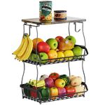 3 Tier Fruit Basket for Kitchen Counter with Wood Lid, Wall Mounted Fruit Bowl with Banana Hanger, Metal Wire Storage Basket Kitchen Countertop Organizer, Fruit Stand Holder for Produce Pantry Storage