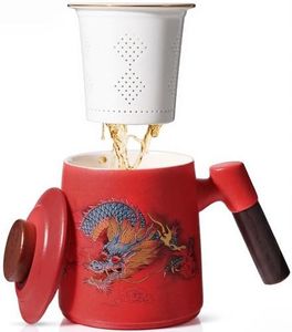 Porcelain Tea Cup with Infuser and Lid,Ceramic Tea Mug for Loose Leaf,Tea Strainer Cup with Wood Handle,Chinese Dragon Tea Cup,All Ceramic Infuser,BPA-Free,Tea Lovers/Birthday/Christmas Gifts (Red)
