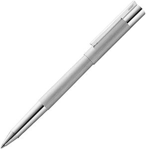 LAMY Scala 351 rollerball pen made of brushed stainless steel in silver with grip and clip up.