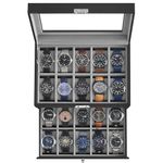 SONGMICS Watch Box, 20-Slot Watch Case Organizer with Large Glass Lid, Black Synthetic Leather, Gray Lining UJWB006V1