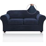 PrinceDeco Velvet Stretch 3 Piece Loveseat Covers for 2 Cushion Couch Loveseat Slipcovers (Base Cover and 2 Individual Seat Cushion Covers) Thick Sofa Covers Bonus Two Elastic Straps (Loveseat, Navy)