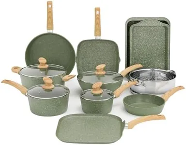 Kitchen Academy 17 Pieces Induction Cookware Set with Griddle, Green Granite Pots and Pans Set Non Stick, Healthy Nonstick Cooking Pans Set