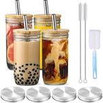 4 Pack Drinking Glasses with Bamboo & Airtight Lids and Straw, 24oz Mason Jar Iced Coffee Glass Tumbler Cup, Reusable Cute Boba Cup for Beer, Smoothie, Juice, Gift - 2 Cleaning Brushes and 1 Cup Brush